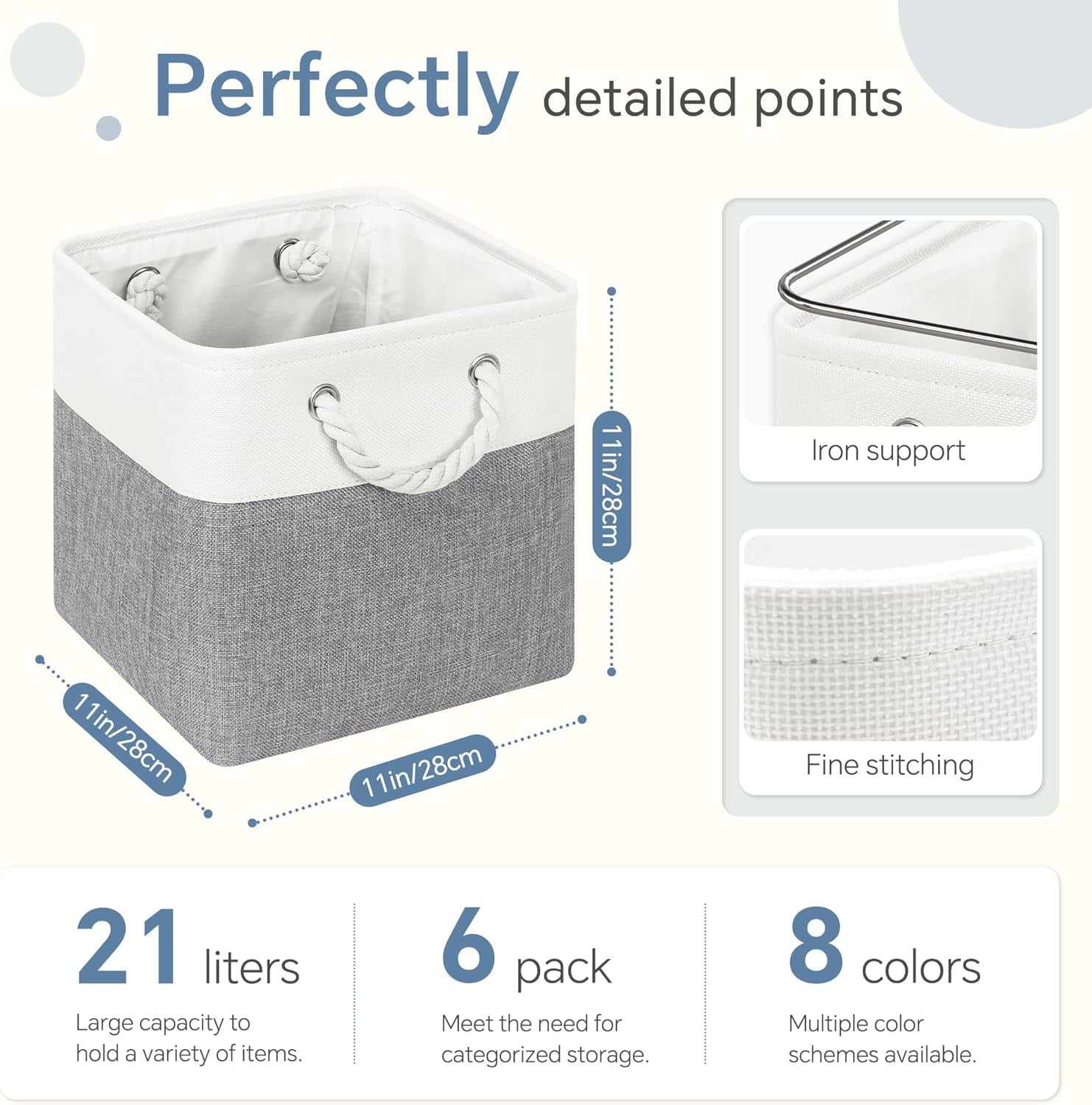 Fabric Cubes Storage Basket, 6 Pack 11x11 in with Handles Cube Storage Bins, for Shelves, Home, Office Organizers