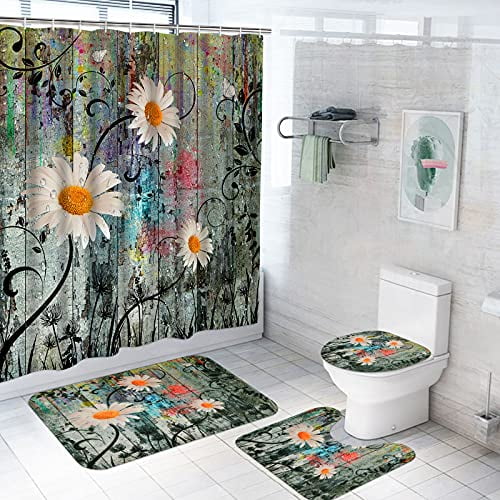 Floral Shower Curtain Bathroom Rug Set Bath Mat Non-Slip Toilet Lid Cover