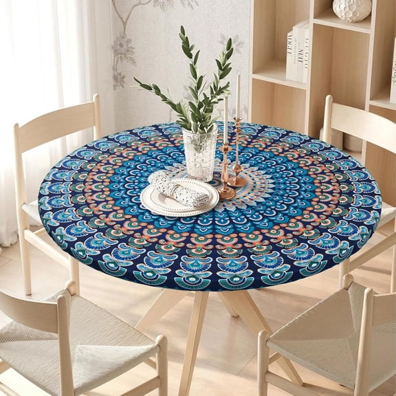 Elastic Round Tablecloth Washable Fitted Table Cover for Indoor and Outdoor Dining Table Cloth Protector,45"- 54"