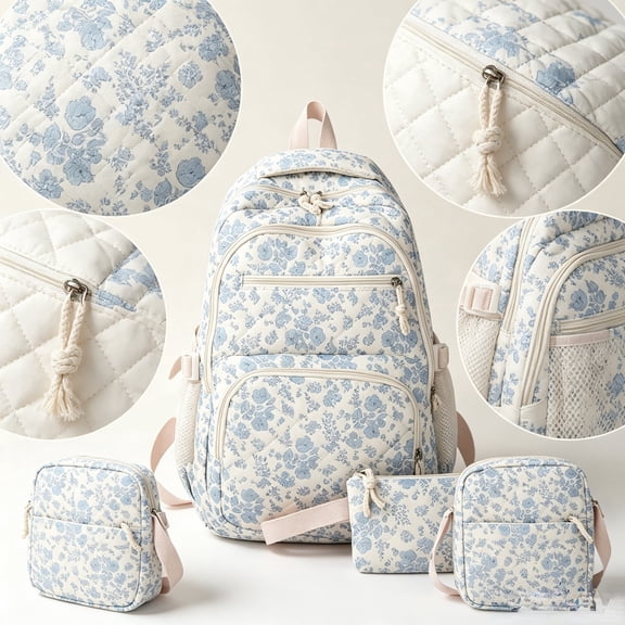 Blue Floral Quilted 3Pcs Backpack Set for Women Teen Girls, Coquette Kawaii Preppy Rucksack with Matching Crossbody Bag & Pouch, Cute Soft Stitched Daypack for Back to School Daily Travel