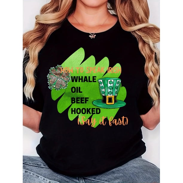 Women's St. Patrick's Day T-Shirt | Casual Round Neck Short Sleeve Tee with Whale & Clover Graphic | Vintage Green and Orange Print | Comfortable Knit Pullover | Machine Washable | All-Season Wear, F