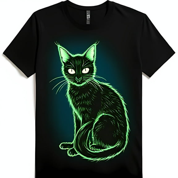 Glow in the Dark Black T-Shirt with Green Cat Design