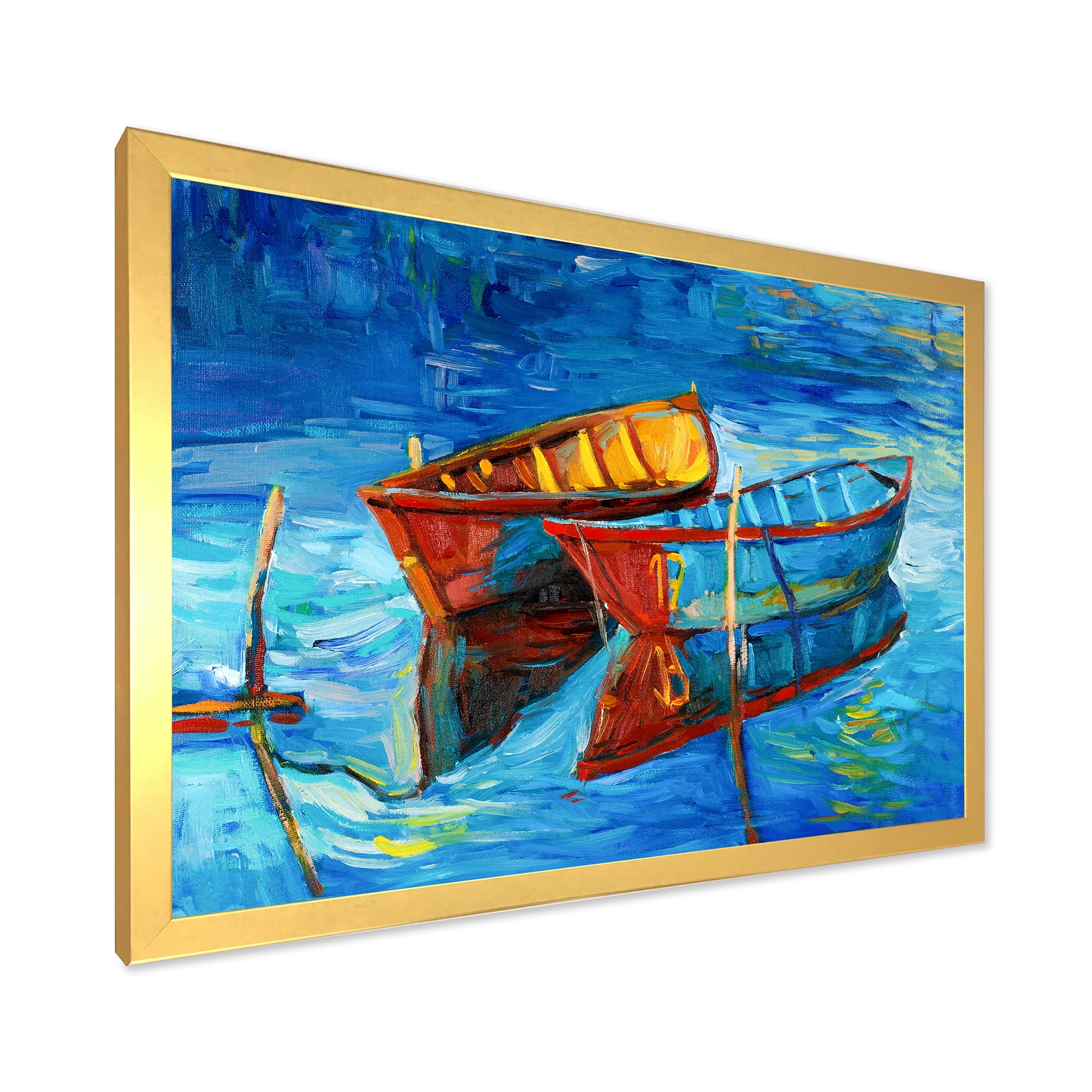Boat At The Lake During Evening Glow III 40 in x 30 in Framed Painting Canvas Art Print, by Designart