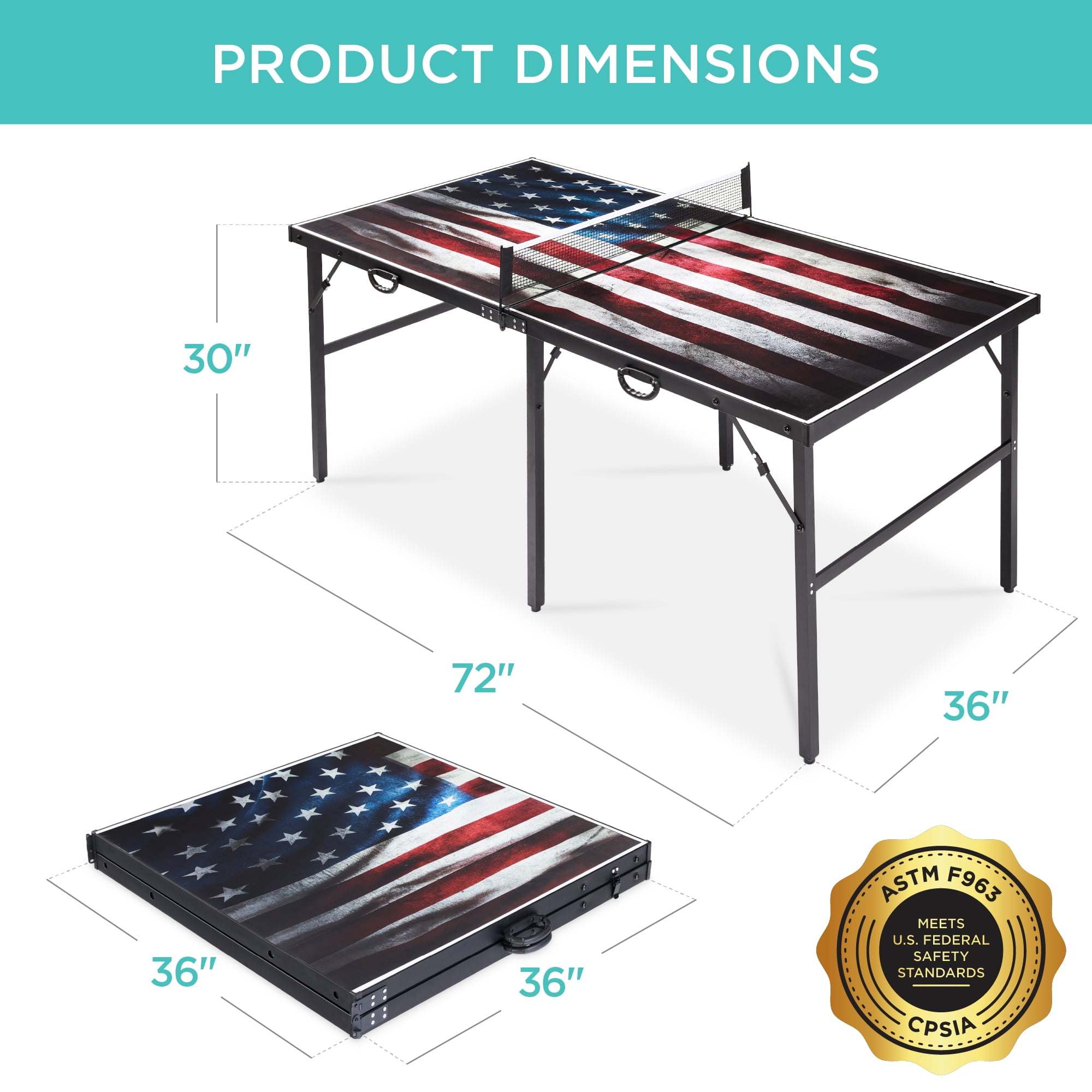 Best Choice Products 6x3 Foot Portable Ping Pong Table, Folding Mid-Size Indoor Outdoor Table Tennis Set - American Flag