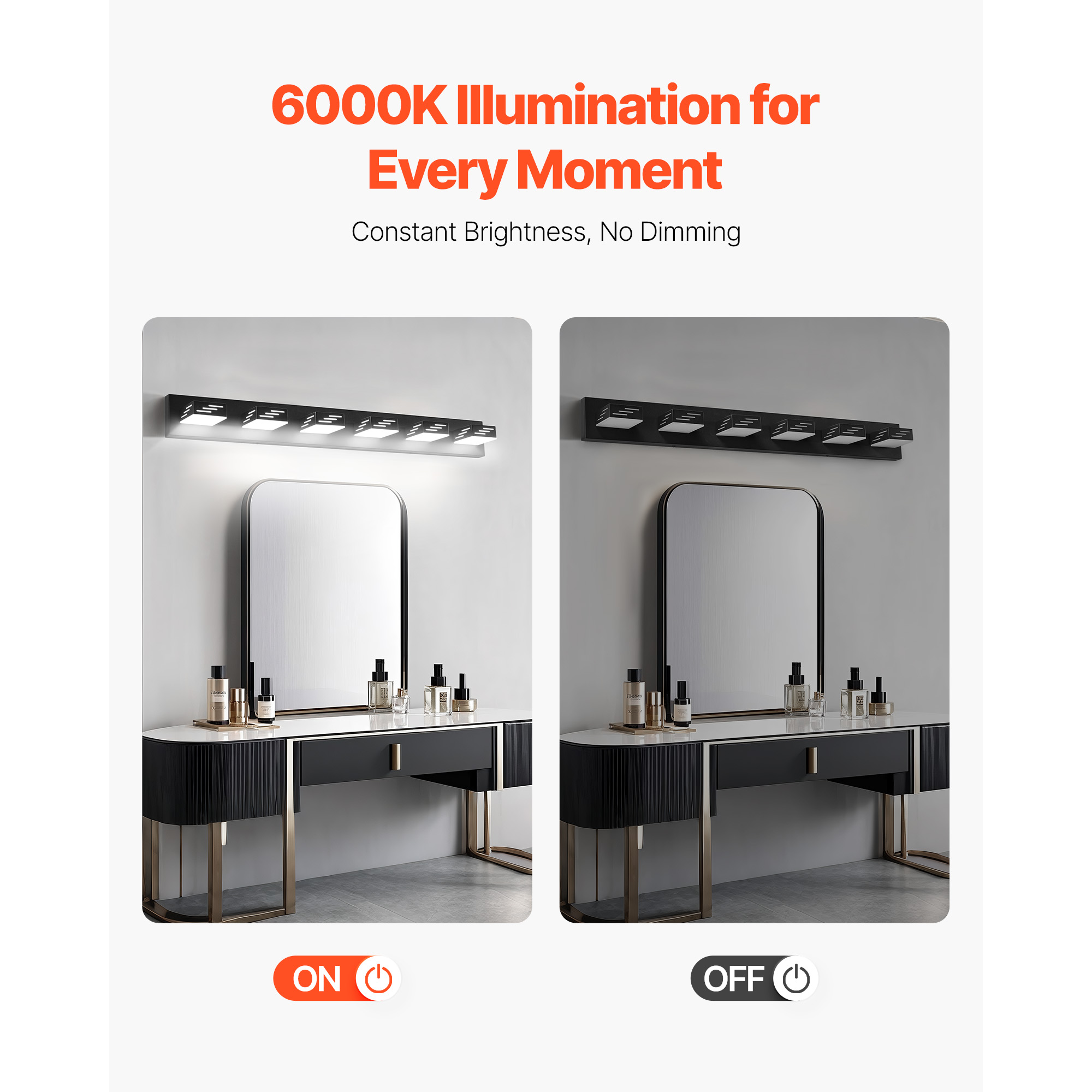 KFFKFF 6-Light LED Vanity Light Fixture, 40.35-Inch, Black Finish Wall Lighting for Bathroom, Bedroom, Living Room, Hallway, Waterproof Design, Cool White 6000K