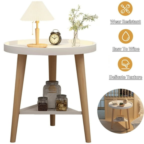 LASIEYO Double Layer Round Side Table, 3 Legged Small Accent Table, Small End Table Tabletop for Living Room Bedroom, White