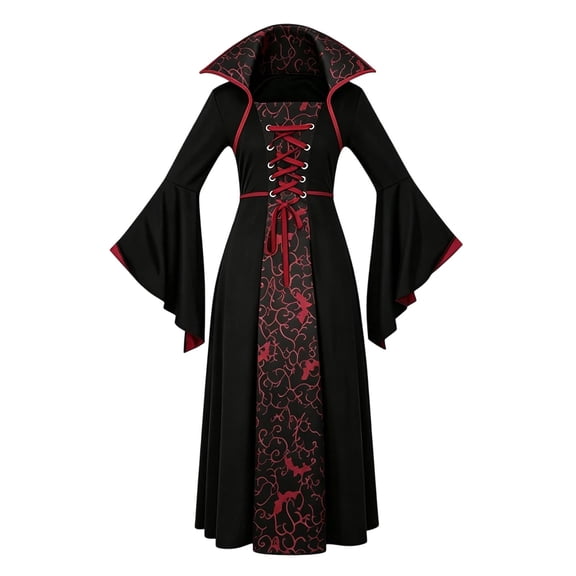 Gpaecead Girls Medieval Gothic Vampire Costume Dress Black Red Lace Up Bell Sleeve Gown for Theme Party Burgundy