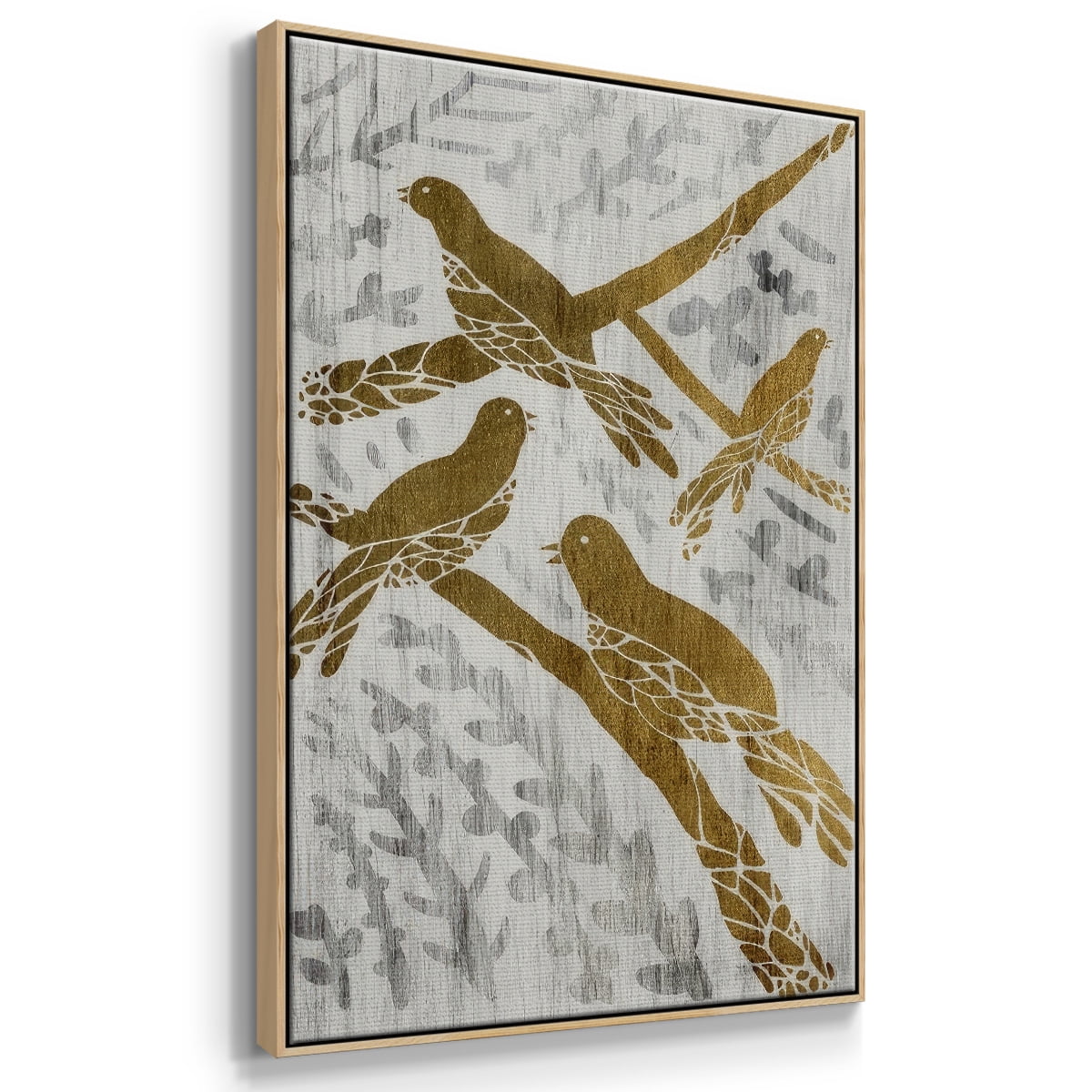 Four Calling Birds - Gold Leaf Holiday - Framed Gallery Wrapped Holiday Canvas - 27 x 41 - Natural Wood Frame