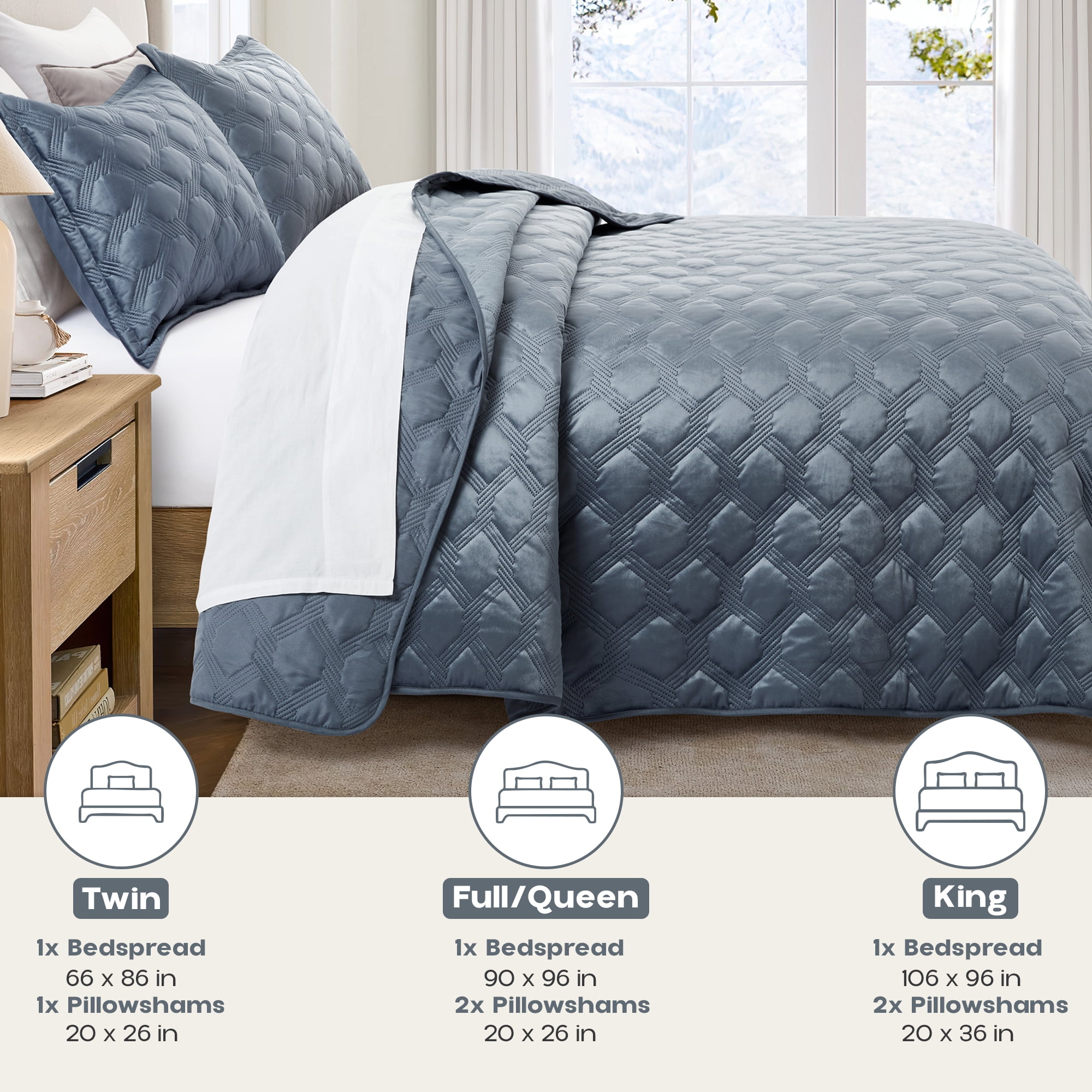 Ameha Velvet Bedspread King Size 3 Piece Set Bluish Grey Geometric Quilt Ultra Soft Lightweight Reversible Washable Bedding 350GSM