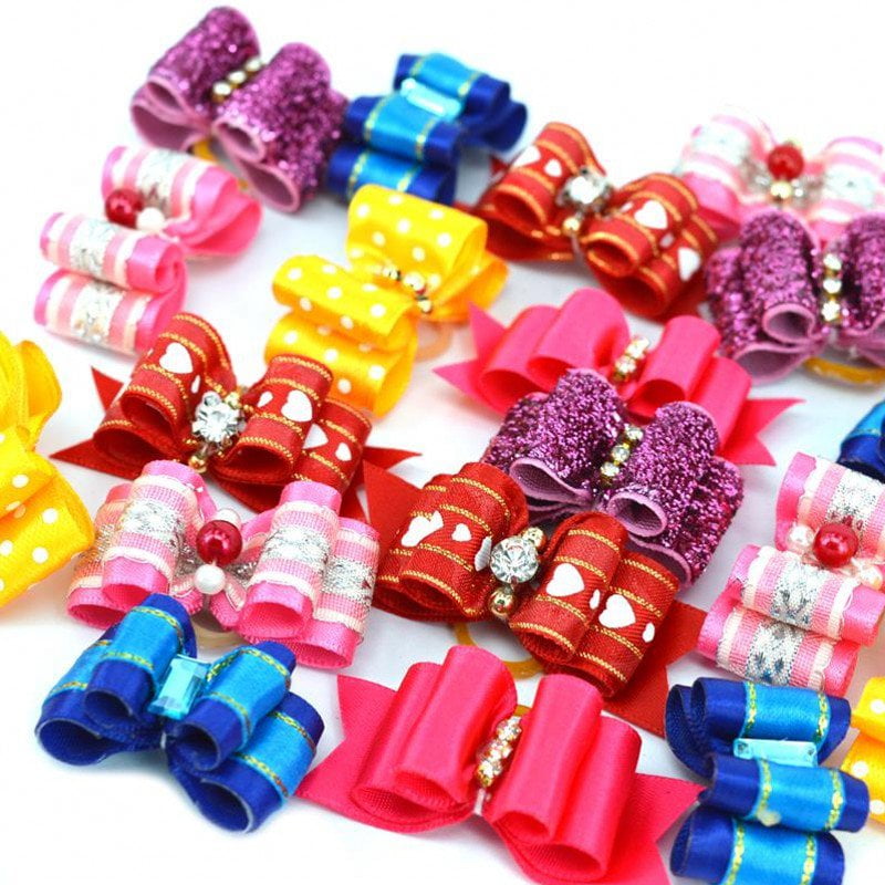 Hixixi 7 Pieces Dog 3D Princess Hair Bows Rhinestone Crown Pink Pet Pearl Heart Core Hair Grooming Rubber Bands