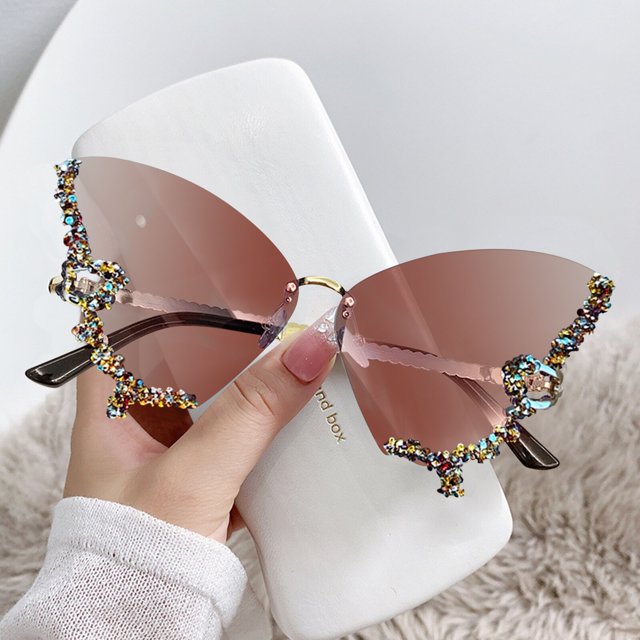 Gafas de sol de mariposa de cristal sin marco para mujer, gafas de sol sin montura, gafas de marca Vintage, gafas de diamantes brillantes, diseñador de lujo qiuyongming unisex