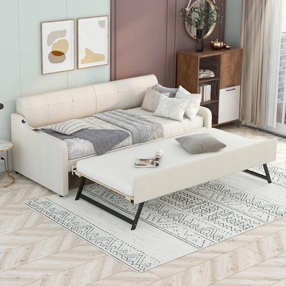 Twin Size Bed Frames Twin Size Upholstery Daybed with Trundle and USB Charging Design,Trundle can be flat or erected,Beige,Adjustable Bed Base