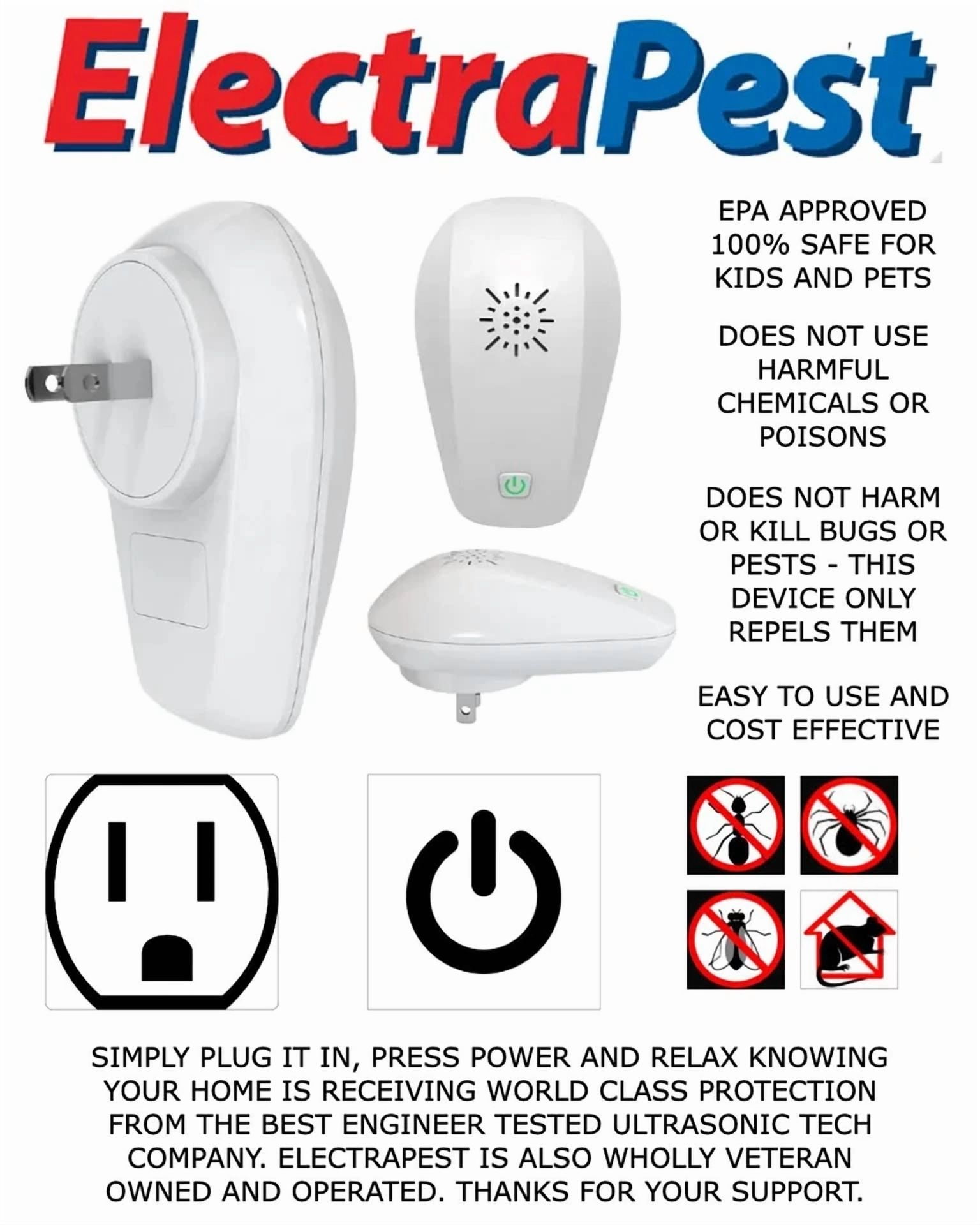 CRESTIN- Fast&New 1 Pack White Indoor Ultrasonic Pest Repeller For Insects Rats And Mice