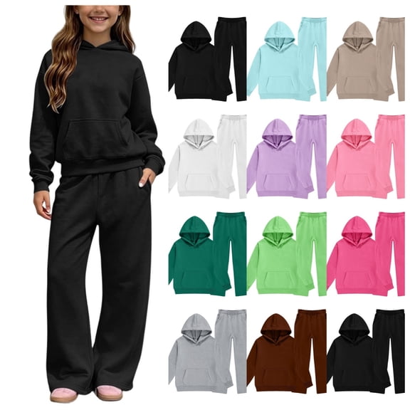 FAIOROI Two Piece Sets for Girls Boys Fleece Lined Hoodie Sweatshirt Wide Leg Pants Winter Outfit Kids Tracksuit 5-14Y Black