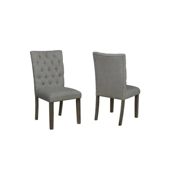 Rustic Dark Oak Dining Chairs Upholstered with Gray Linen Fabric (Set of 2)