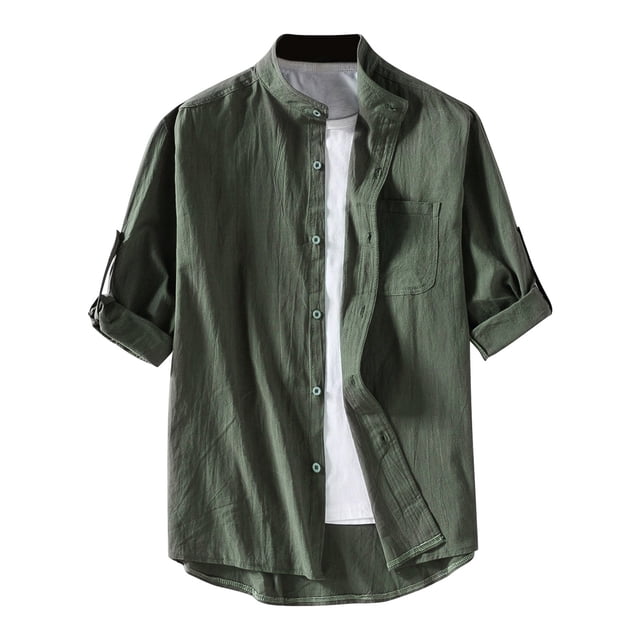 Camisa de manga corta de algodón y lino para hombre: prenda informal con botones, tejido ligero, color liso, ropa de playa para verano, tallas M-B