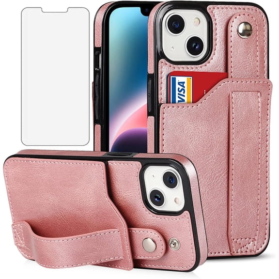 Design for iPhone 14 Plus Phone Case with Screen Protector Adjustable Wrist Strap Kickstand Credit Card Slot Slim Shockproof Hybrid Rugged Protective Cover for iPhone14plus Women 6.7" Rose gold
