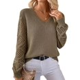 thumbnail image 2 of Women V Neck Knit Hollow Openwork Lantern Long Sleeve Ribbed Cuff Loose Fit Knit Pullover Sweater Pickled Vegetable XL, 2 of 8
