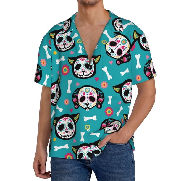 Balery Skull Cat Camisa Casual de Manga Corta con Botones para Hombre, Texturizada, Estilo Cubano, para Playa, Verano-Small