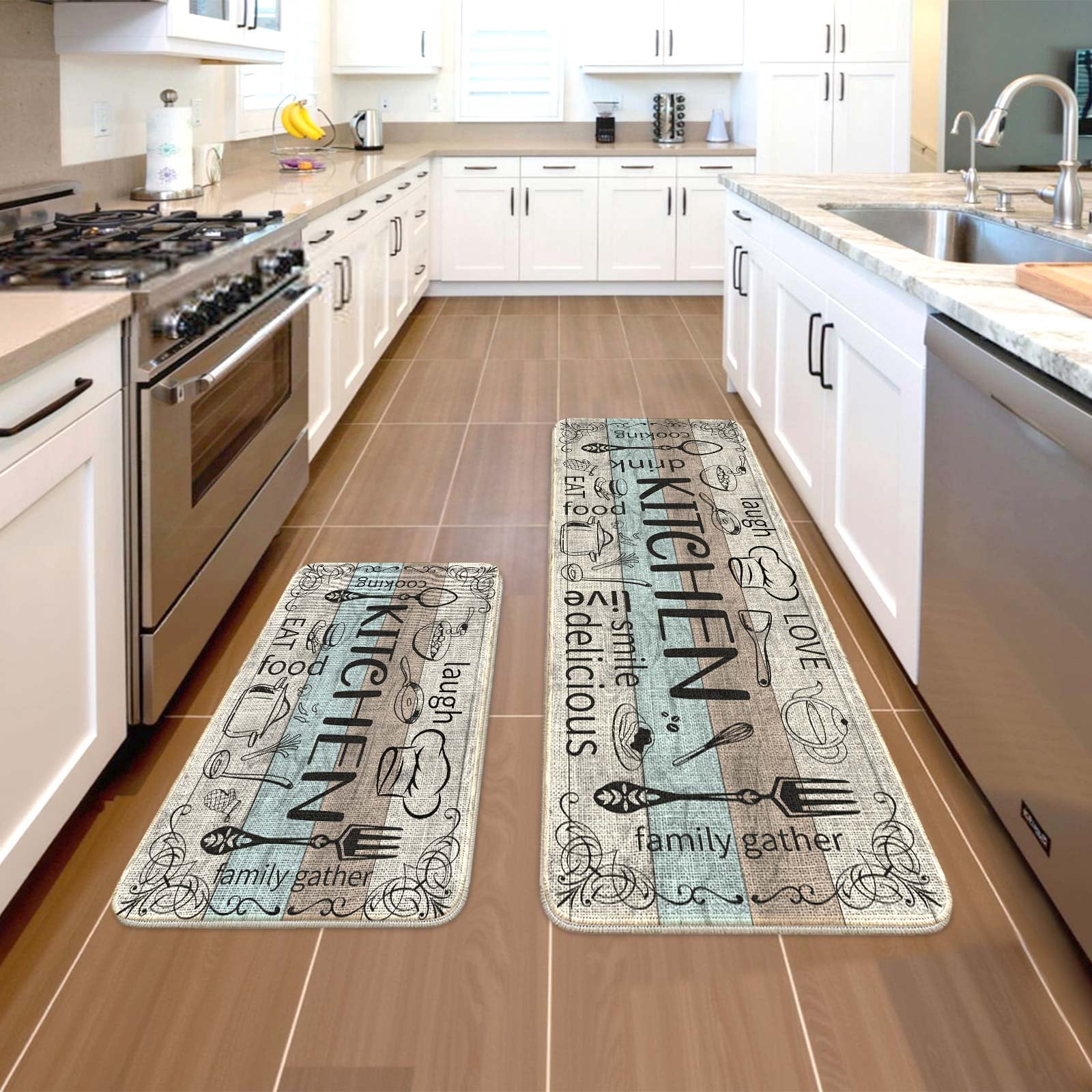 Beige Farmhouse Chef Kitchen Rugs and Mats Set of 2, 17"x47"+17"x30" Non-Slip Machine Washable Runner Rugs for Kitchen Floor, Soft Kitchen Mat Set for Home,Laundry Room,Chef Pattern