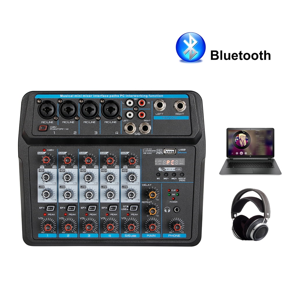 6-Channel Audio Mixer with Bluetooth, USB, and LED Display, Featuring Phantom Power and&nbsp; Sound Control for&nbsp; Use