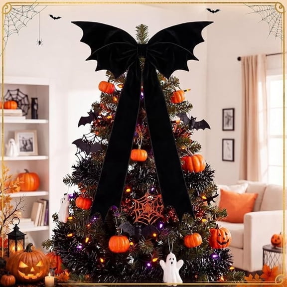 Large Halloween Black Bat Bow Decor Gothic Style Giant Black Bows, Halloweens Decor Christmas Tree Topper Bows Decorations for Indoor Room Party Hanging
