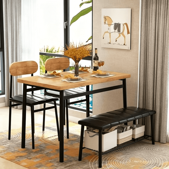 LinkRomat 4-Piece Dining Table Set for 4, Industrial Dining Room Set with Bench & Chairs, Kitchen Table Set for Small Space, Apartment