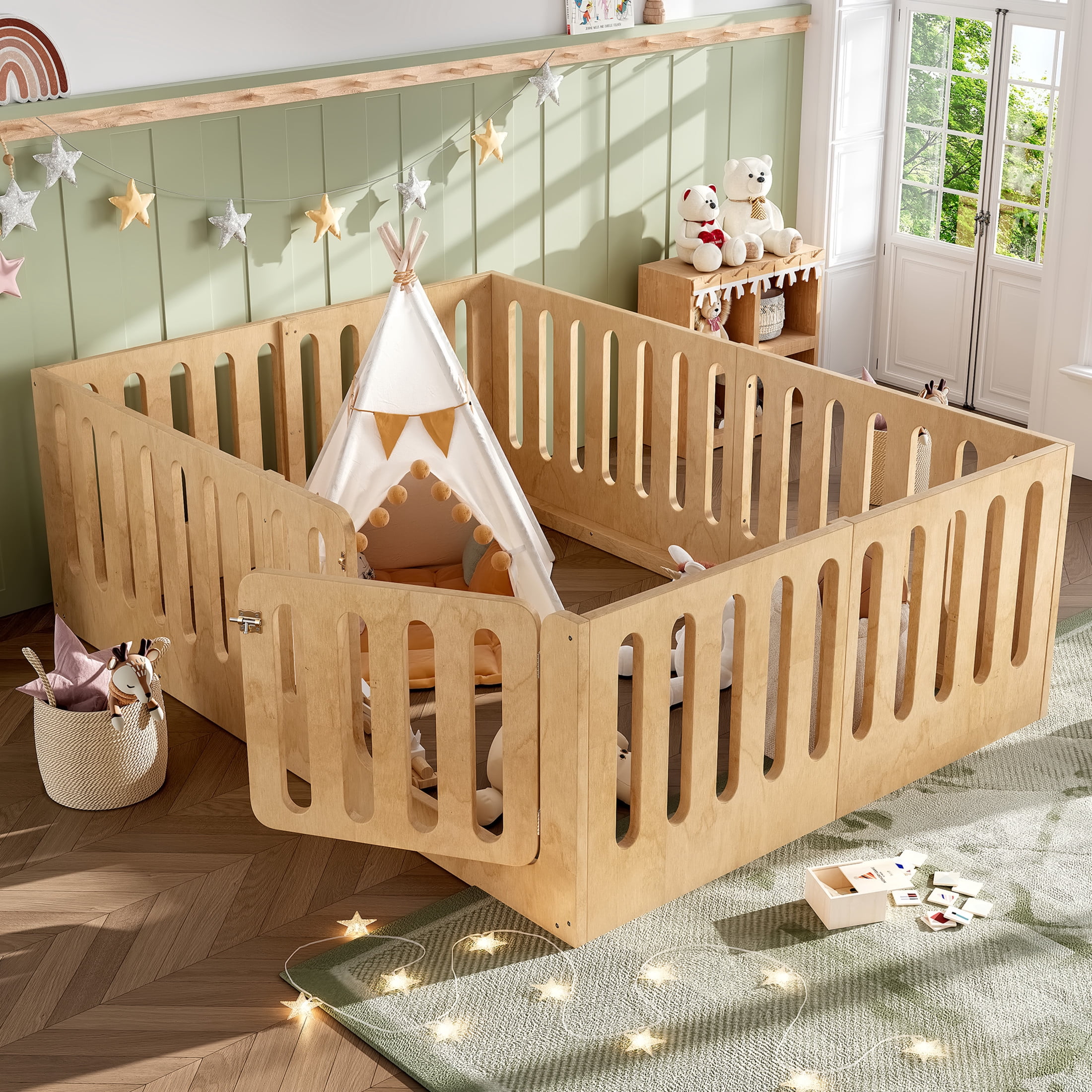 Noble House Queen Size Montessori Floor Bed with High Fence, Solid Wood Kids Bed Frame, Natural