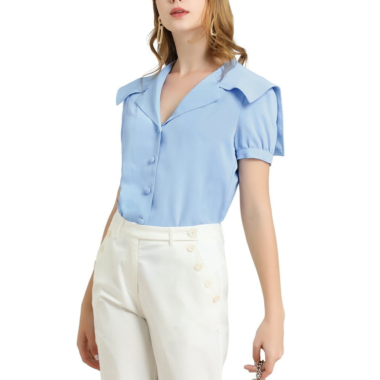Allegra K Women's Cute Button Front Puff Sleeves Sailor Collar Shirt Blouse
