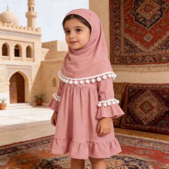 Elegant Prayer Dress Set For Baby Girls Long Sleeve Outfit With Hijab