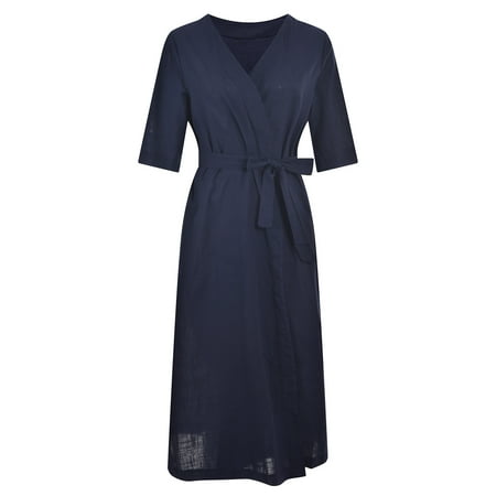 

Inkach Women S Cotton Linen Dress Bathrobe Style Lace Up Cardigan Dress