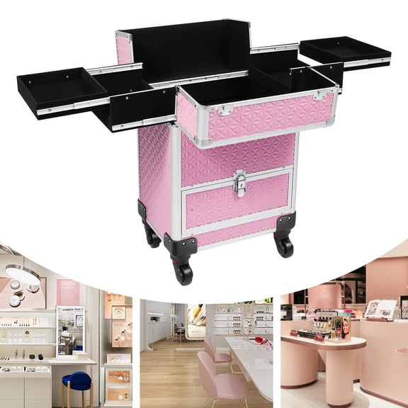 Rolling Makeup Train Case with Wheels, Makeup Case With Drawer, Foldable Inner Compartments