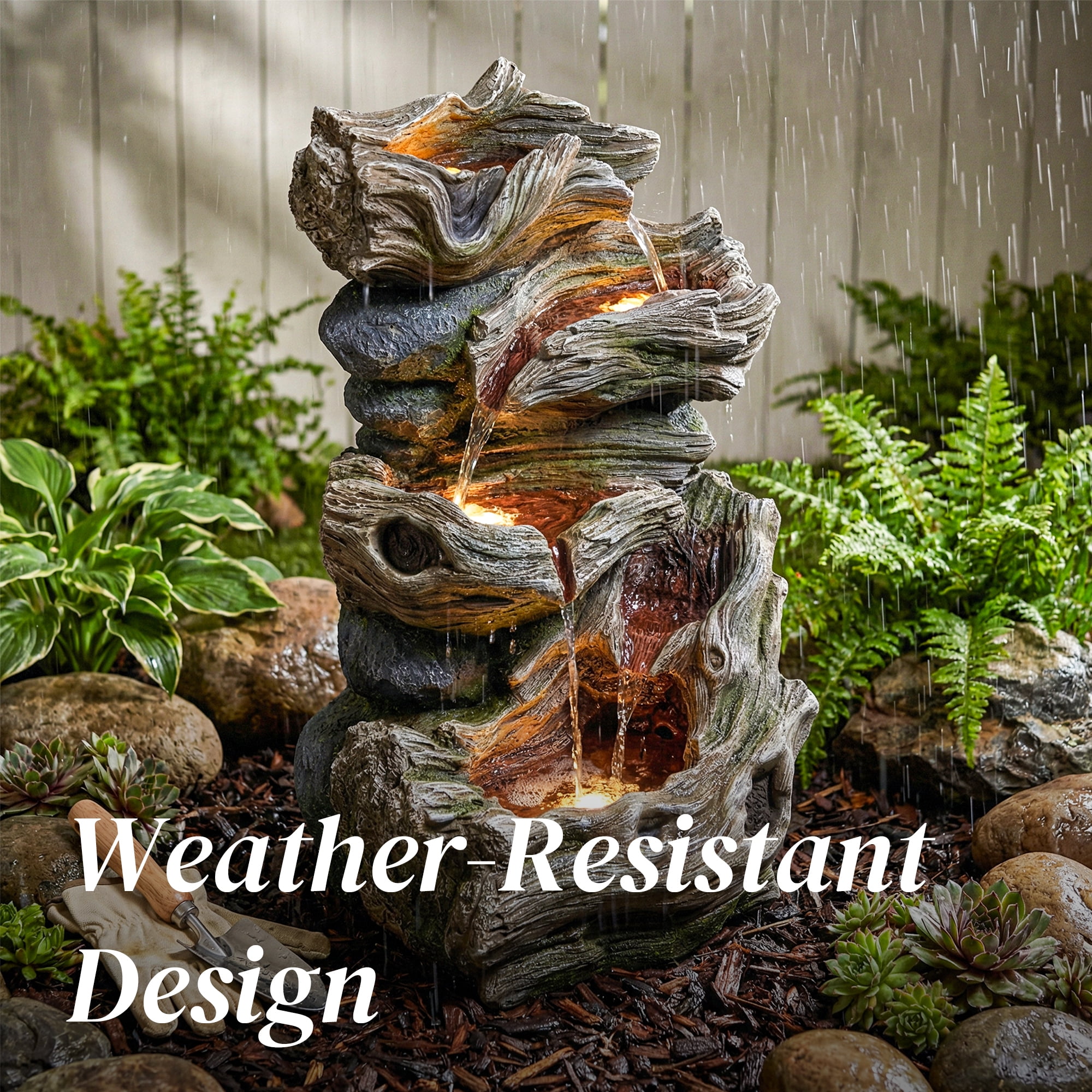 VBAL 30"H Outdoor Freestanding 5-Tier Cascading Rock Resin Water Fountain, Warm LED Light and Pump, Stone Imitation, Outdoor Water Feature for Garden, Patio, Yard, Deck, Porch, Lawn, Gray&White