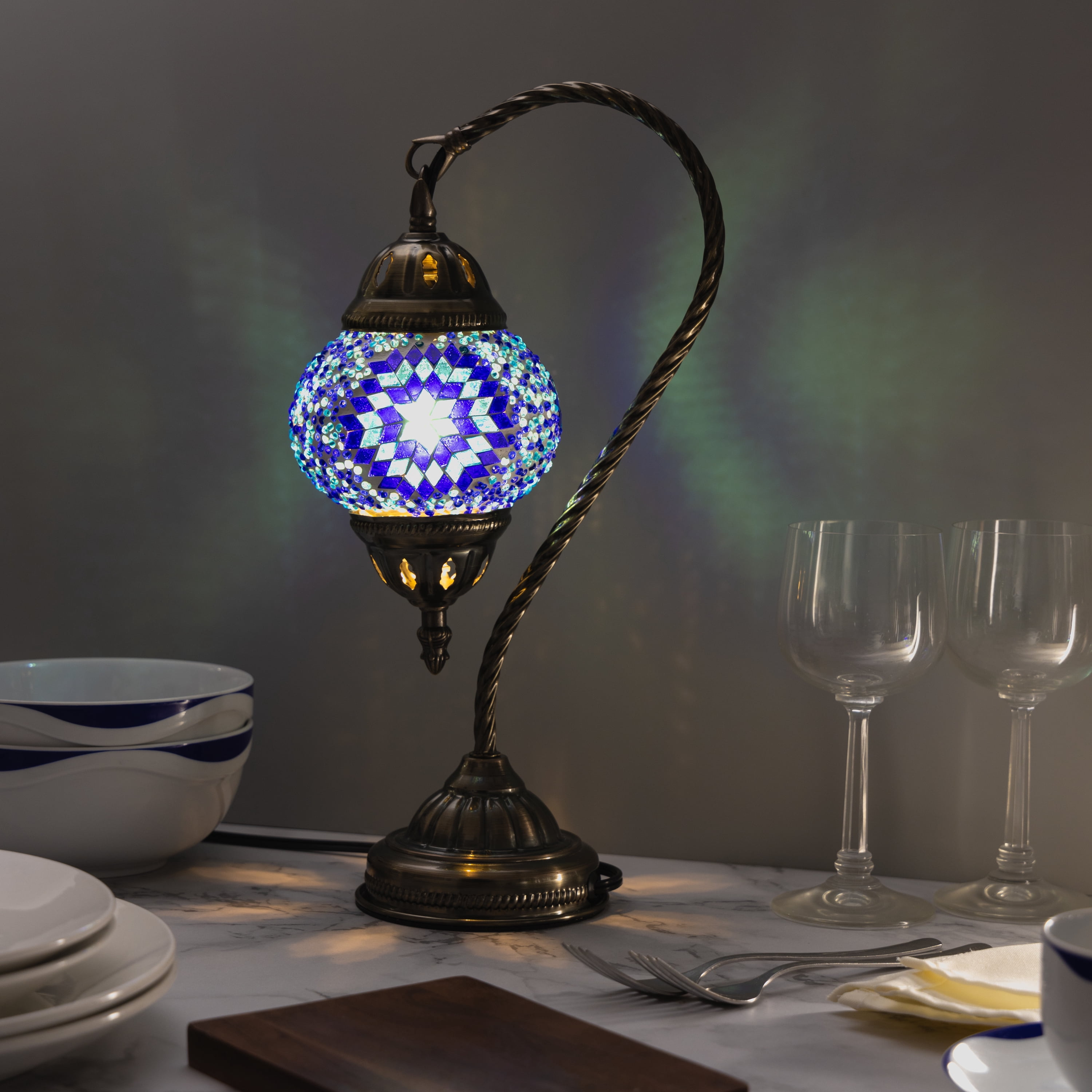 KRAFTSTORIES Turkish Mosaic Swan Neck Lamp Making Kit| DIY Colorful Glass Decorative Nightstand Table Light| Craft Kit |Make Your Own Lamp | Living Room Bedroom | Antique Bronze Base (Blue)