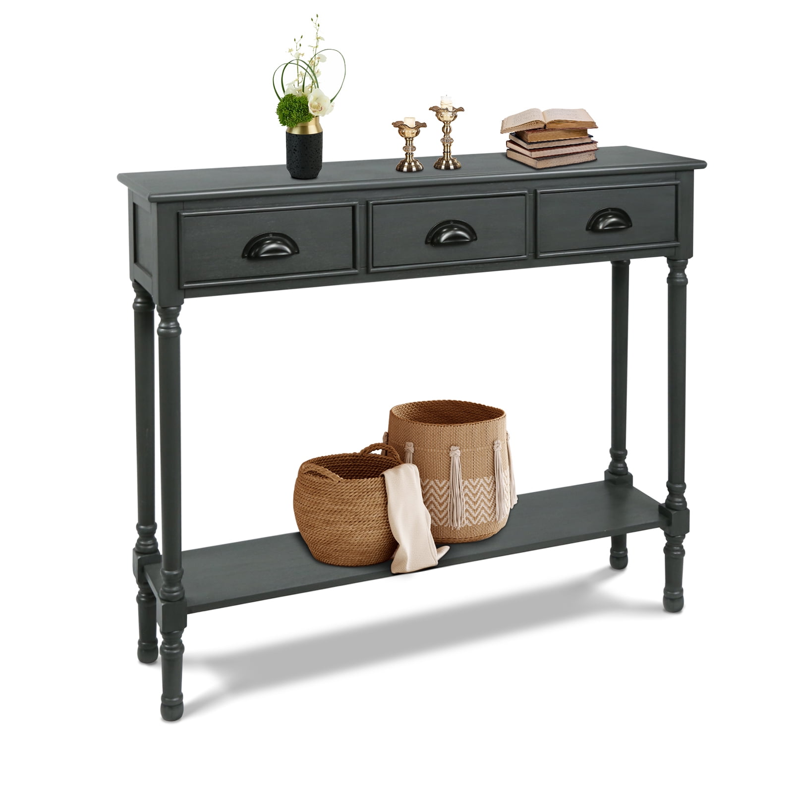 Urbanest Burlington Solid Wood Console Table with 3 Drawers & Lower Shelf – Entryway Table, Hallway Sofa Table, Narrow Accent Table for Living Room – 39.5″ × 9.5″ × 32″ – Gun Metal Farmhouse Decor
