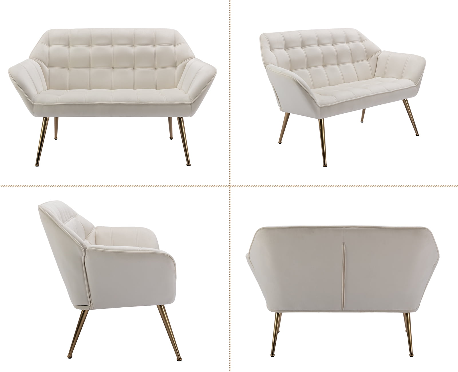 Guyou Small Loveseat Sofa, Modern Velvet 2-Seater Mini Sofa Couch with Quilted Back and Armrests, Cute Accent Chair with Gold Metal Legs for Living Room Bedroom Apartment, Cream