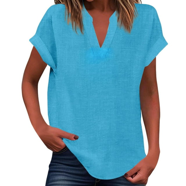 WEIYLL Womens T Shirts Summer Loose Fit V Neck Curved Hem Flowy Solid Sky Blue Tees Sizes M