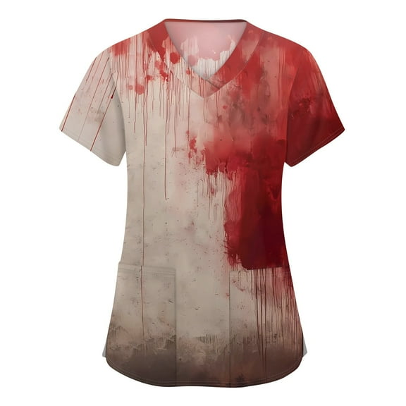 WTOBBY Women's V-Neck Short Sleeve Workwear Top with Pockets and Side Slits, Featuring Bloody Halloween Print for Caregiver Uniforms and Nursing Apparel,Beige L