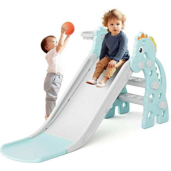Toddler Slide Indoor Slide for Toddler Indoor Slide Baby Slide Plastic Slide Play Slide with Basketball Hoop and Ball Foldable Slide Kids Indoor Outdoor Slide Playset Playground (Green)