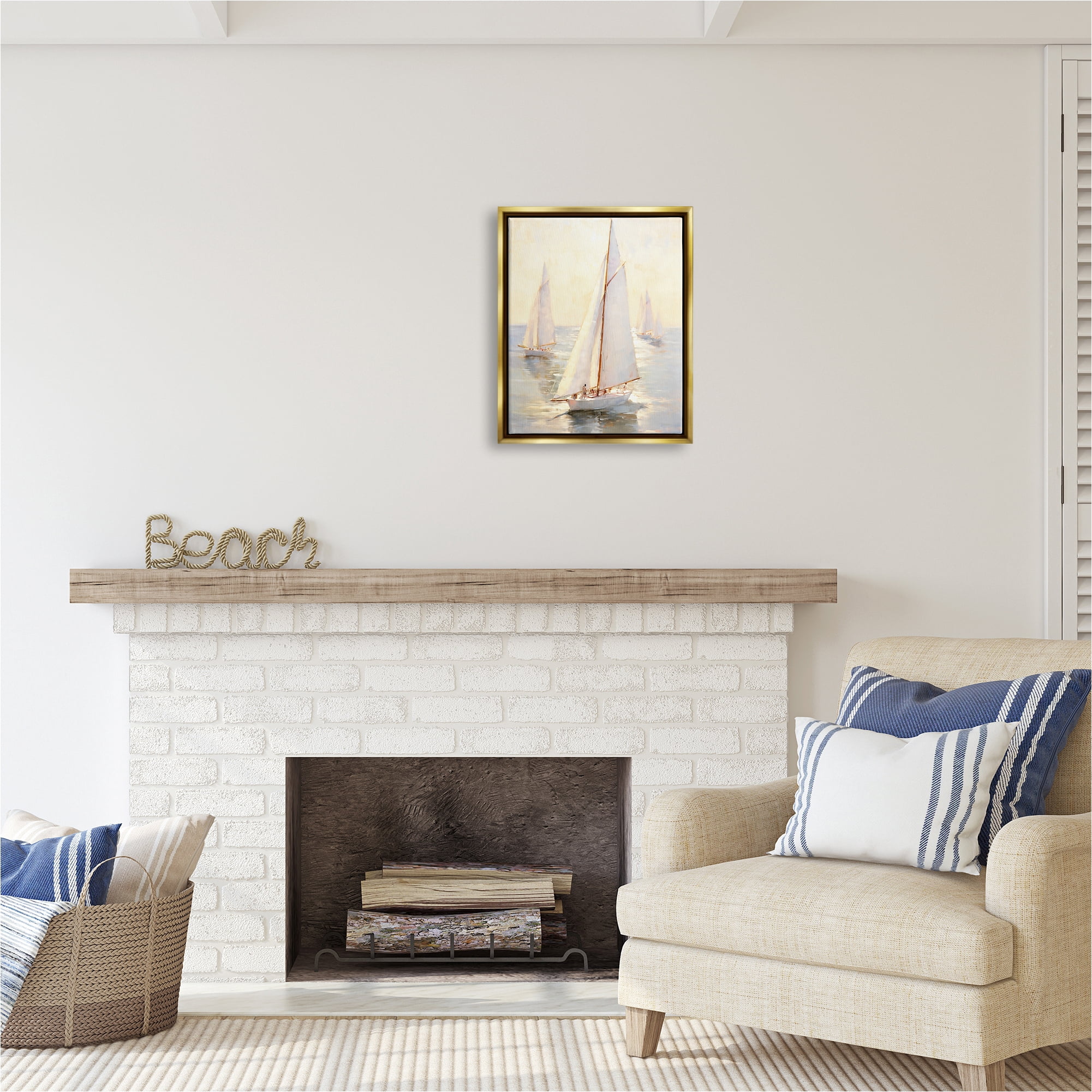 Stupell Industries Sunlit Sailboats Painting Transportation Painting Gold Floater Framed Canvas Art Print Wall Art, 17 x 21
