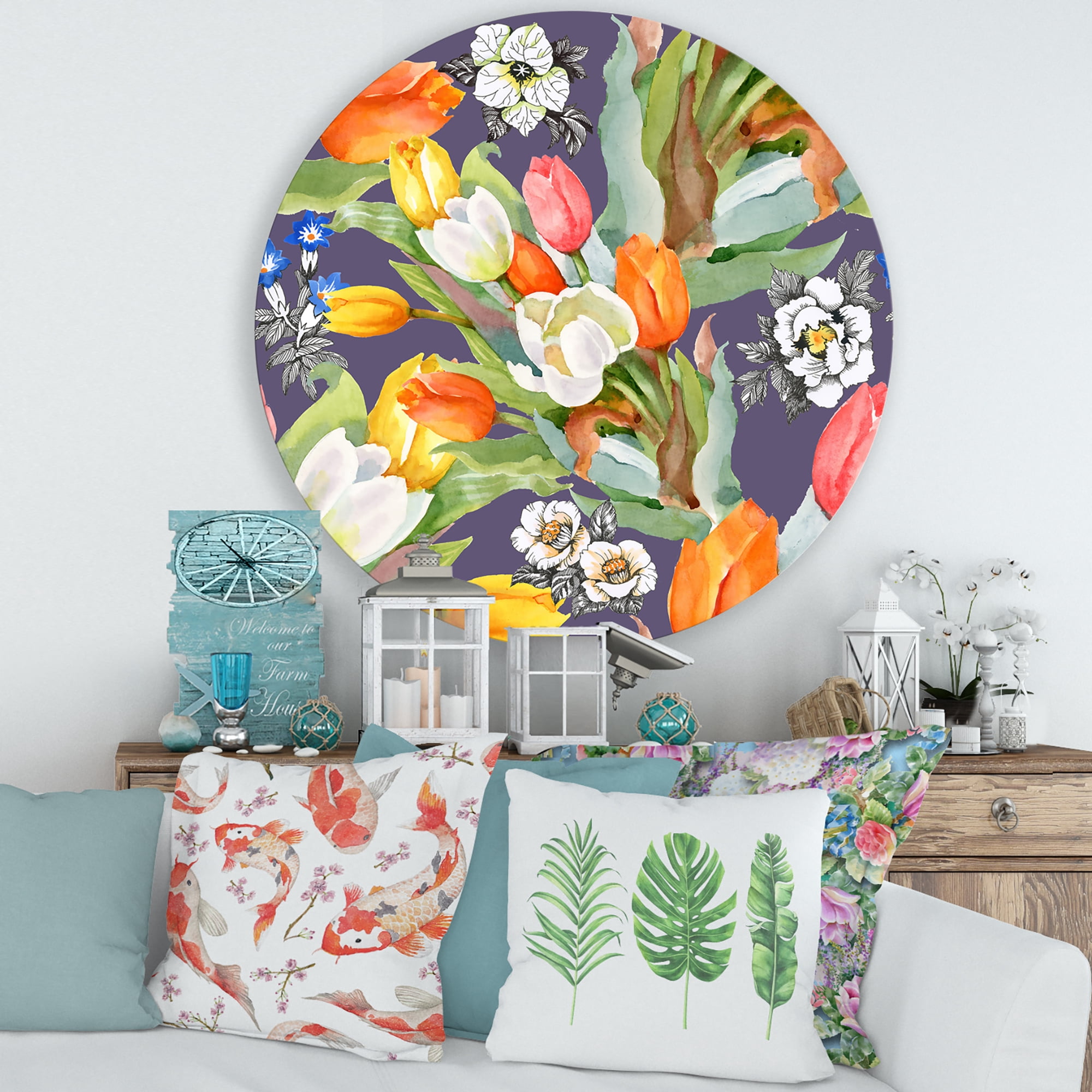 Designart 'Blooming Orange and White Tulips III' Traditional Circle Metal Wall Art 29x29 - Disc of 29