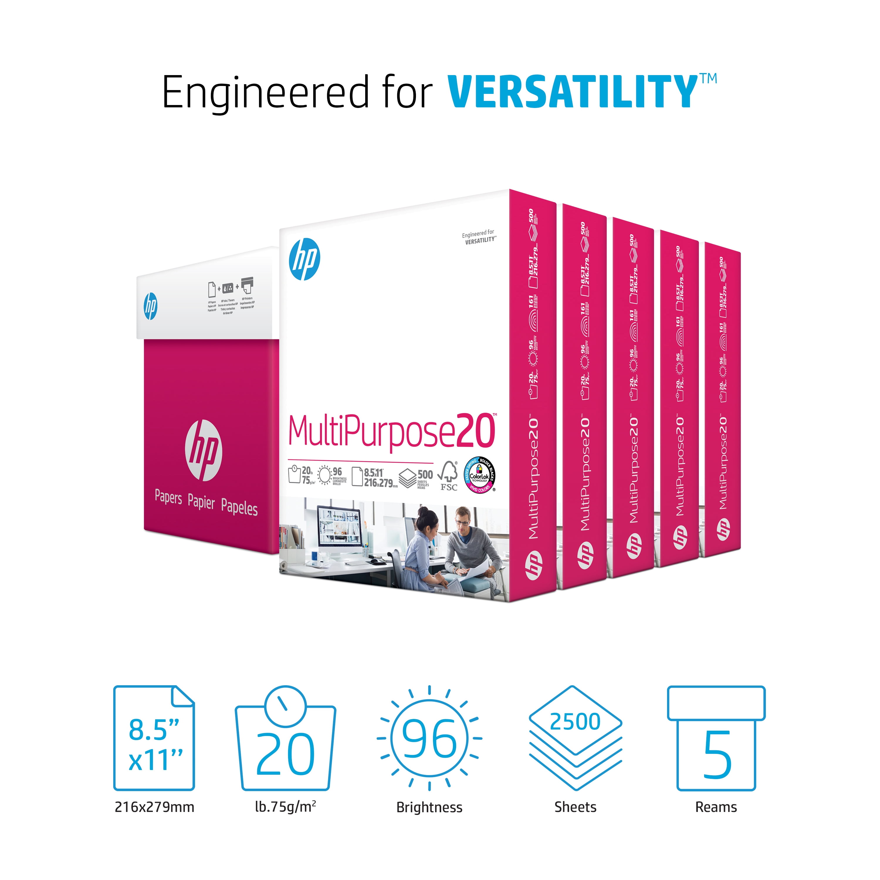 HP Printer Paper Multipurpose20, 8.5x11, 20lb, 96 Bright White, 2500 Sheets (500 per Ream)