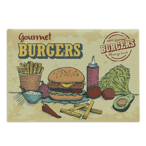 Hamburger Cutting Board, Retro Hand Drawn Style Burger and Ingredients Gourmet Taste Delicious Fast Food, Decorative Tempered Glass Cutting and Serving Board, Large Size, Multicolor, by Ambesonne