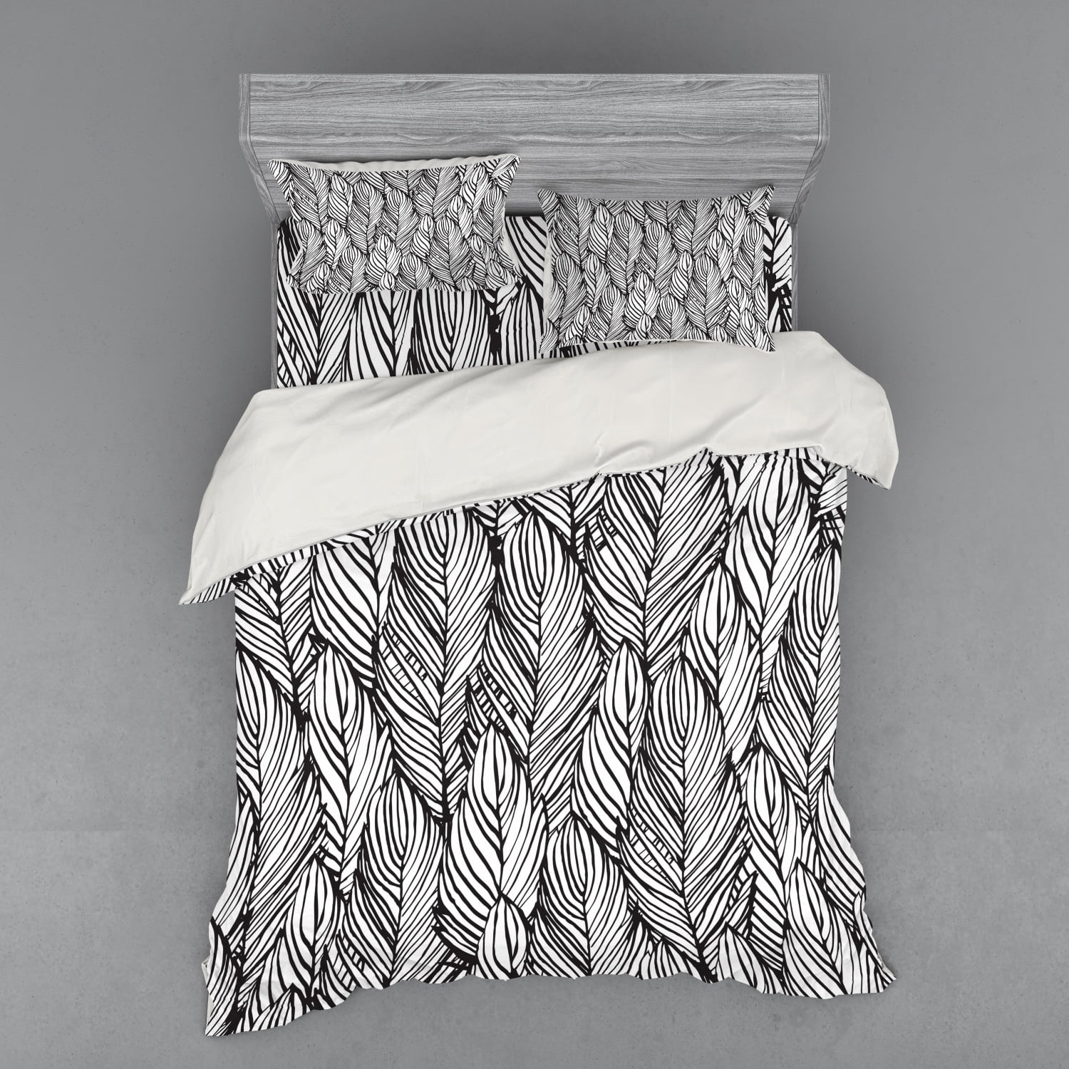 Feather Duvet Cover Set, Hand Drawn Outline Style Quills Monochrome
