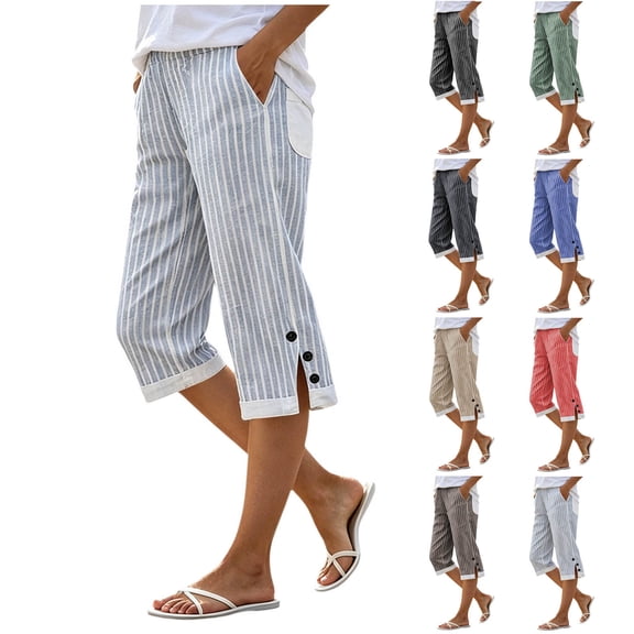 BUIGTTKLOP Women Cotton Linen Capri Pants Side Split Button Knee Length Long Shorts Ladies Striped Capris