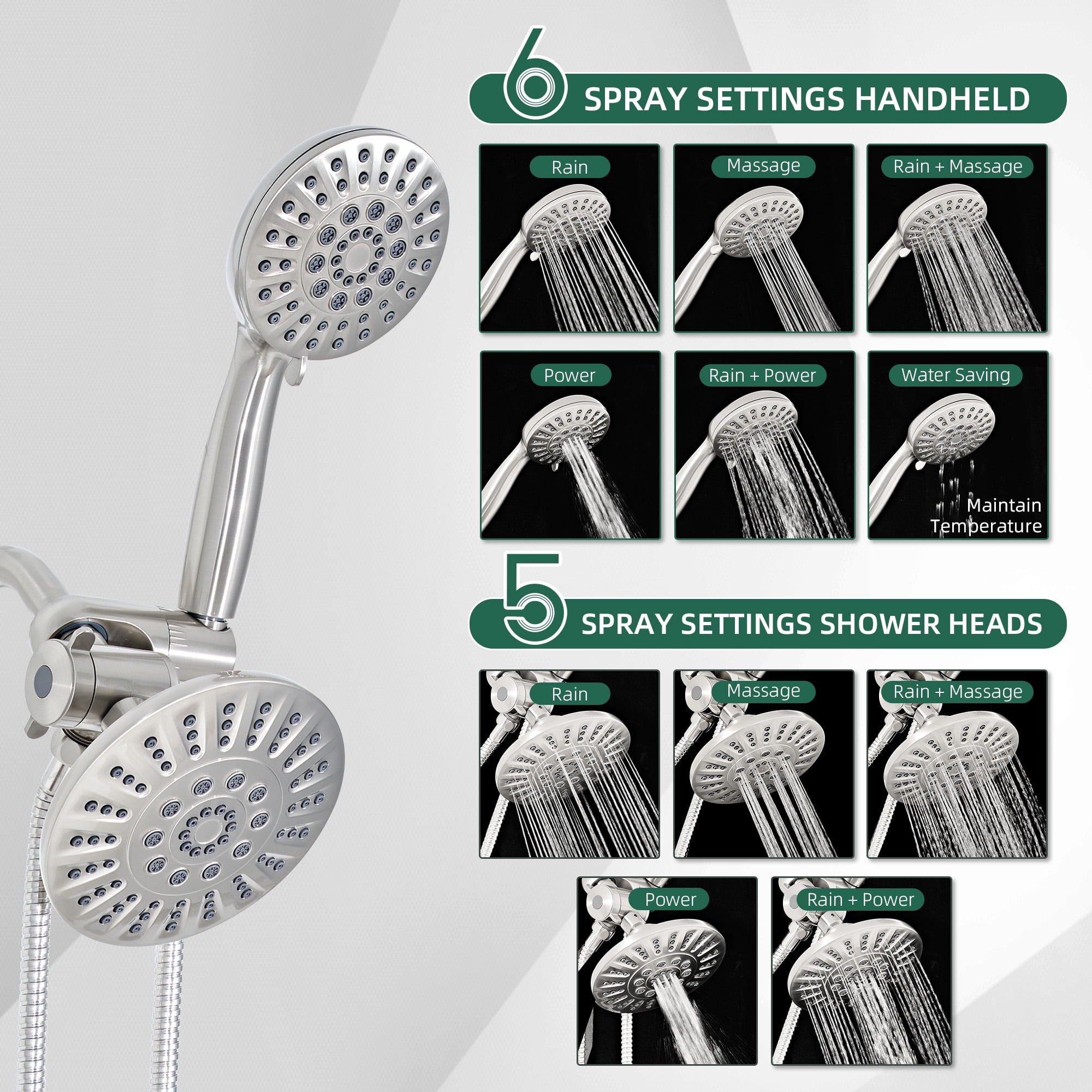 Akicon 2-in-1 Dual Shower Head, 6-Setting High Pressure Rain Shower Head with Handheld Spray, Round Showerhead with Adjustable Angle, Anti-Clog Nozzles for Bathroom, 2.5 GPM Flow Rate