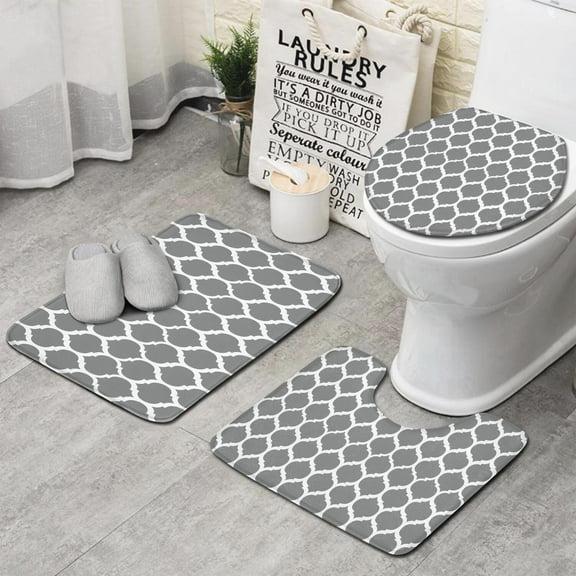 Gray Geometric Quatrefoil Pattern Bathroom Rugs Sets 3 Piece,Toilet Cover Set,Absorbent Non Slip Bathroom Mats Sets with U-Shaped Contour Rug Toilet Rug Set