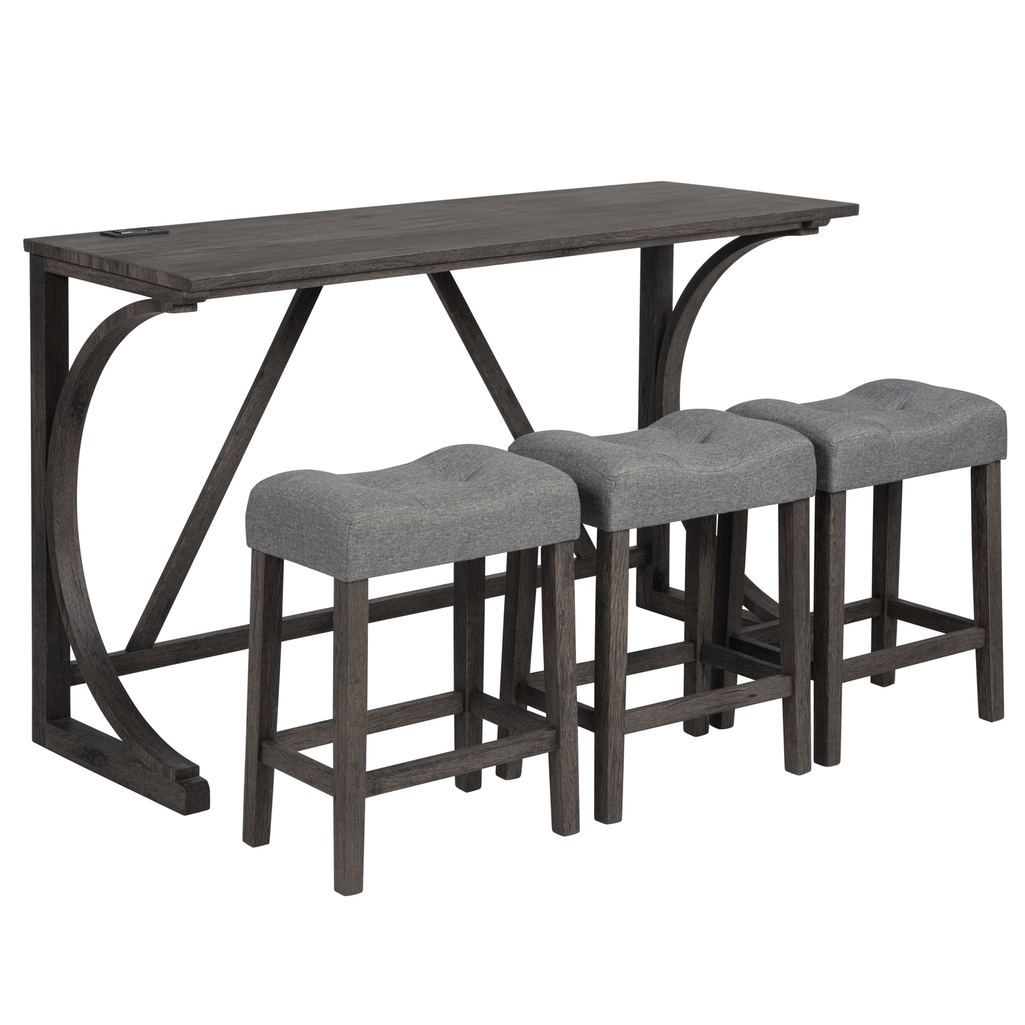 Gewnee 4 Piece Bar Table Set,Counter High Bar Table Set with Power Outlet and 3 Linen Chairs,Industrial Breakfast Table for Kitchen,Living Room.Dark Grey