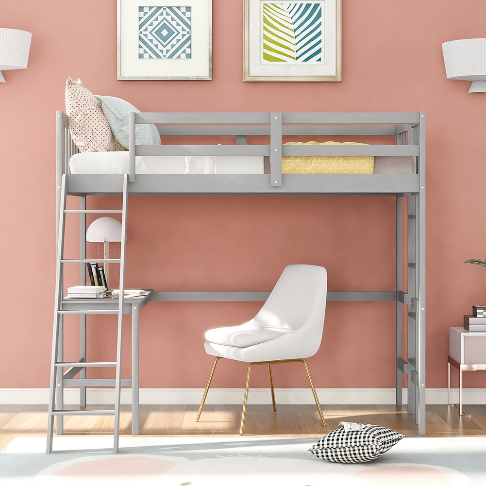 Kadyn Wood Loft Bed with Desk and Two Ladders, Twin Size Bunk Bed(Gray) Kadyn Wood Loft Bed with Desk and Two Ladders, Twin Size Bunk Bed(Gray)