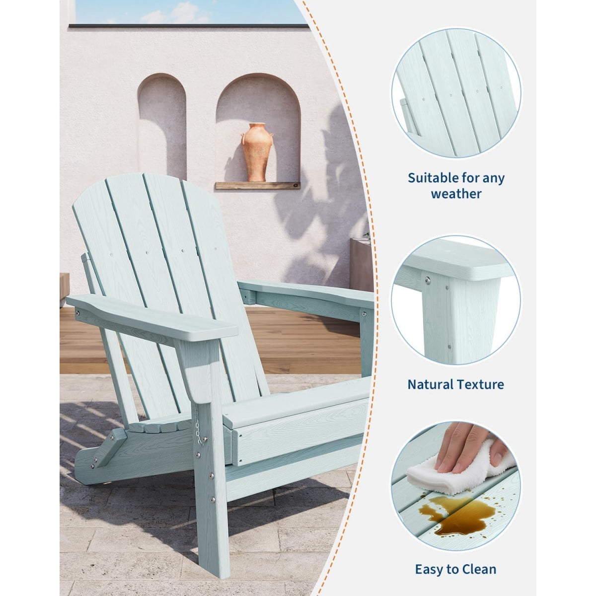 1PC Folding Adirondack Chair, HDPE Outdoor All-Weather Fire Pit Chairs, Outdoor Wooden Lounge Chair, Modern Lounger Adirondack Chairs Ergonomic Extended Backrest for Deck, Patio, Pool, Backyard